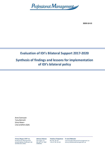 Bilateral Support 2017-2020 Evaluation, Synthesis of findings and lessons for implementation of IDI’s bilateral policy